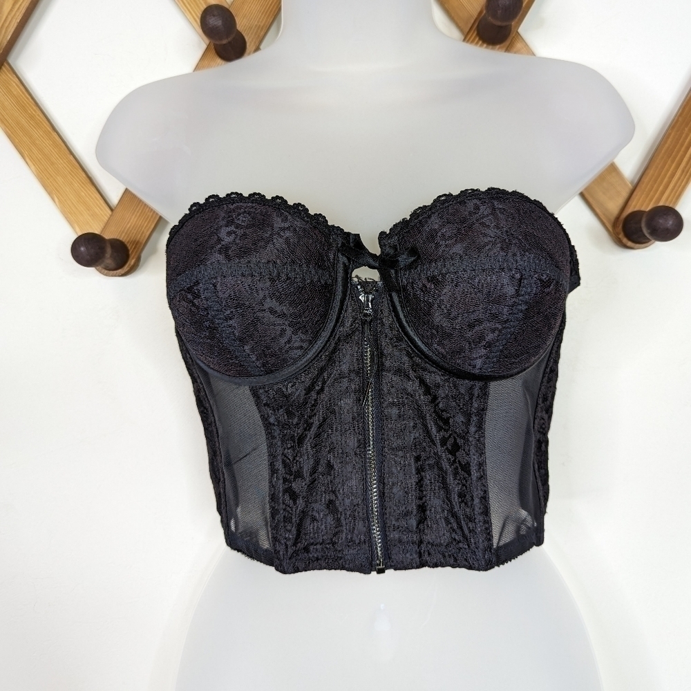 Vintage Loveable Black Lace Mesh Front Zip Bustier Corset Top - 34A